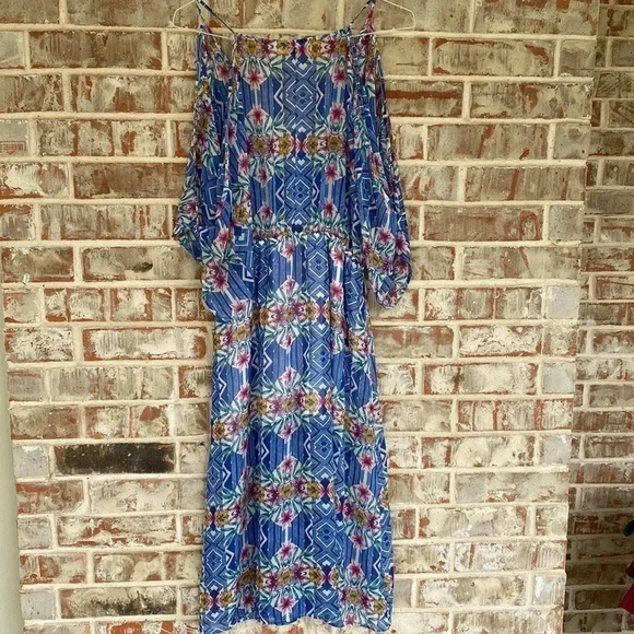 Ark n c. Blue Geometric Floral Sheer Cold Shoulder Maxi Dress - Picture 11 of 14